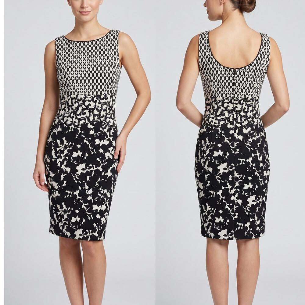 WHBM White House Black Market Size 8 Sheath Dress Sleeveless Black White Print
